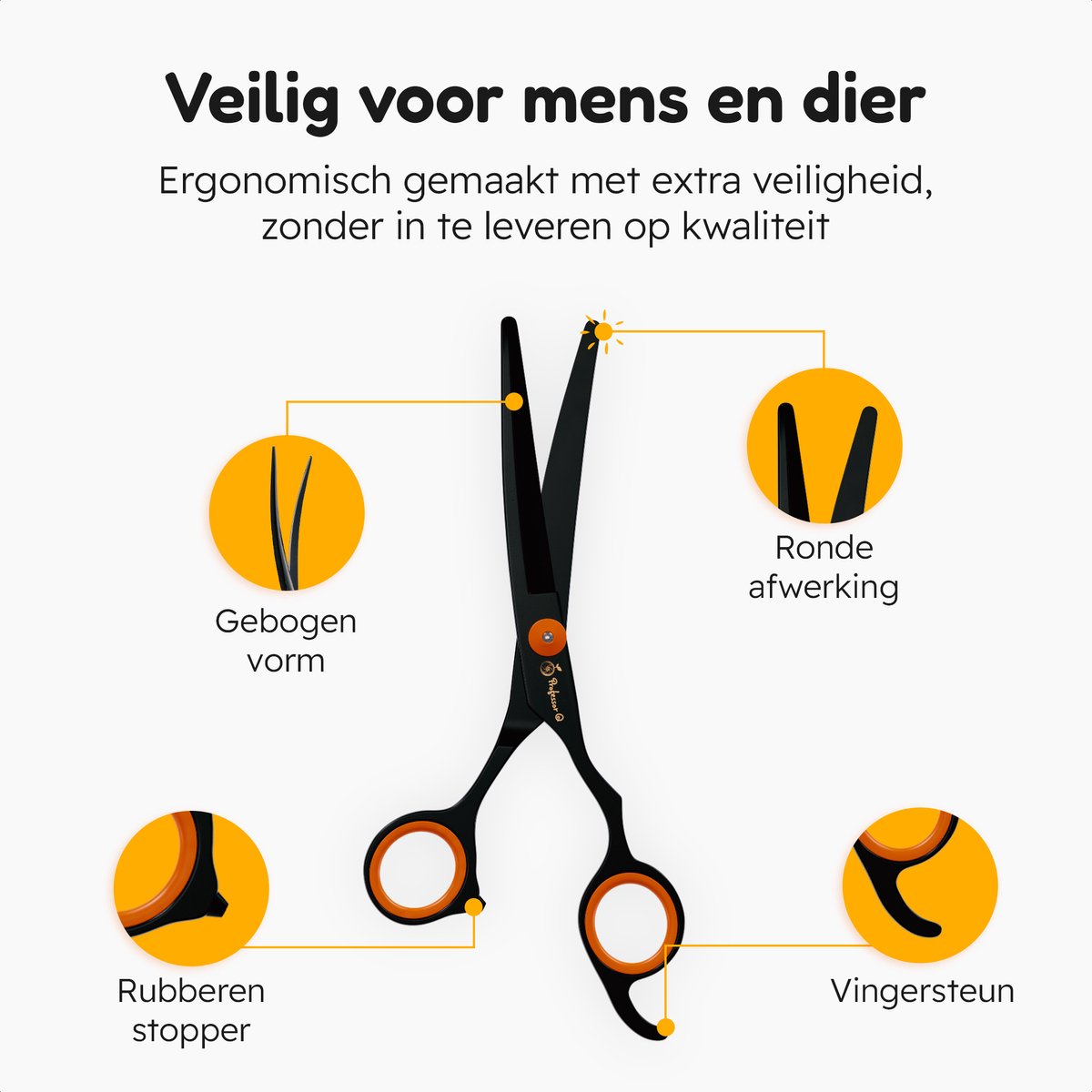 Professor Q Trimschaar voor honden, omhoog gebogen – rechtshandig – 18,20 cm – oranje/zwart - detailfoto 4