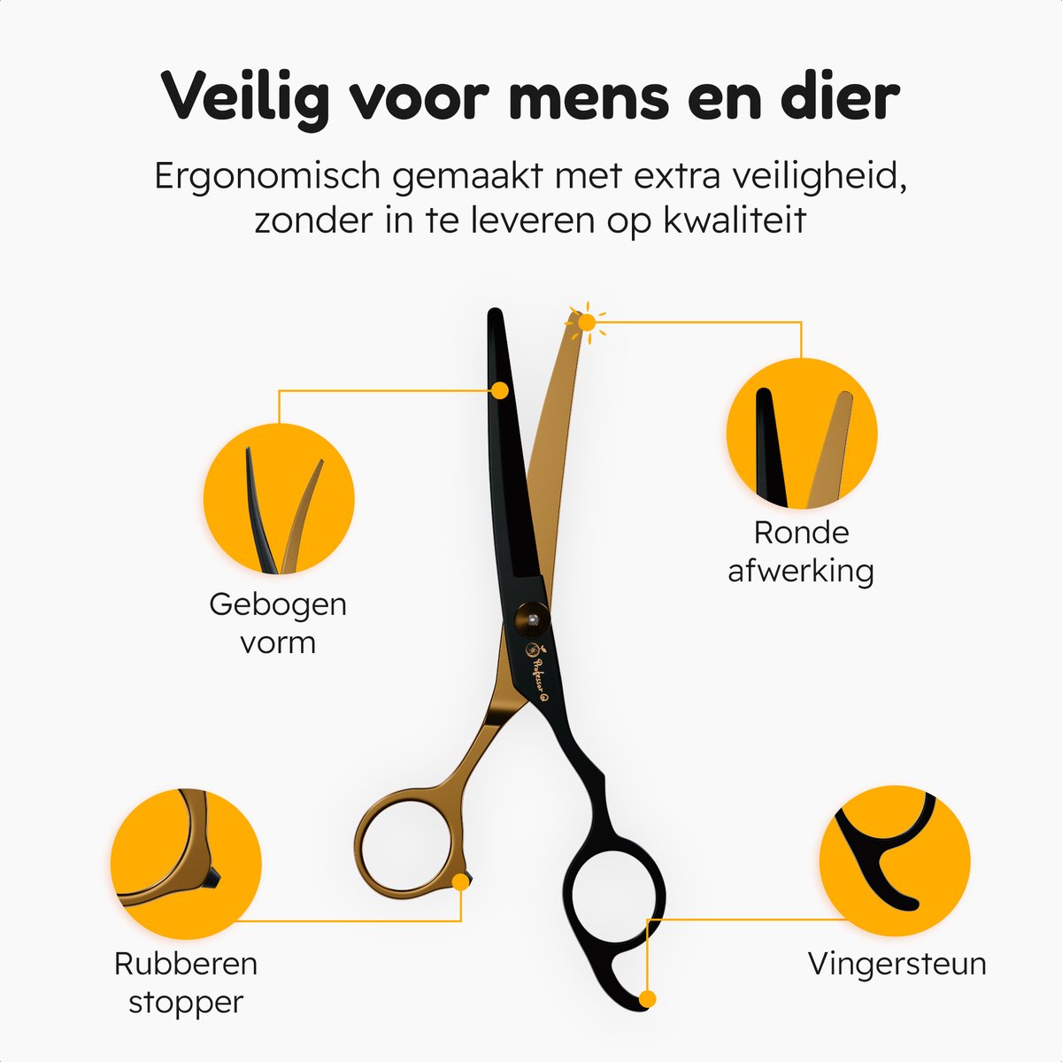 Professor Q Trimschaar voor honden, omhoog gebogen – rechtshandig – 18 cm – zwart/goud - detailfoto 4