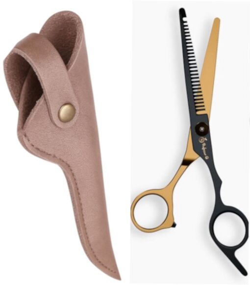 Professor Q Effileerschaar voor haar – met brons etui – rechtshandig – goud/zwart