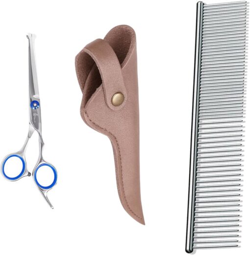 Professor Q Contourschaar voor honden – met brons etui – anti-klitkam – zilver/blauw