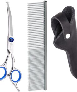 Professor Q Gebogen trimschaar voor honden – met zwart etui – anti-klitkam – linkshandig – blauw