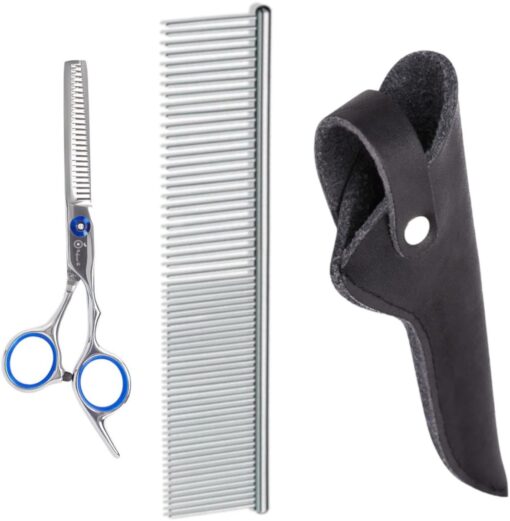 Professor Q Effileerschaar voor honden – met zwart etui – anti-klitkam – 6 inch – zilver/blauw/zwart