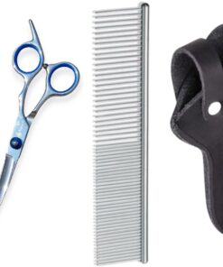 Professor Q Gebogen trimschaar voor honden – met zwart etui – anti-klitkam – rechtshandig – blauw