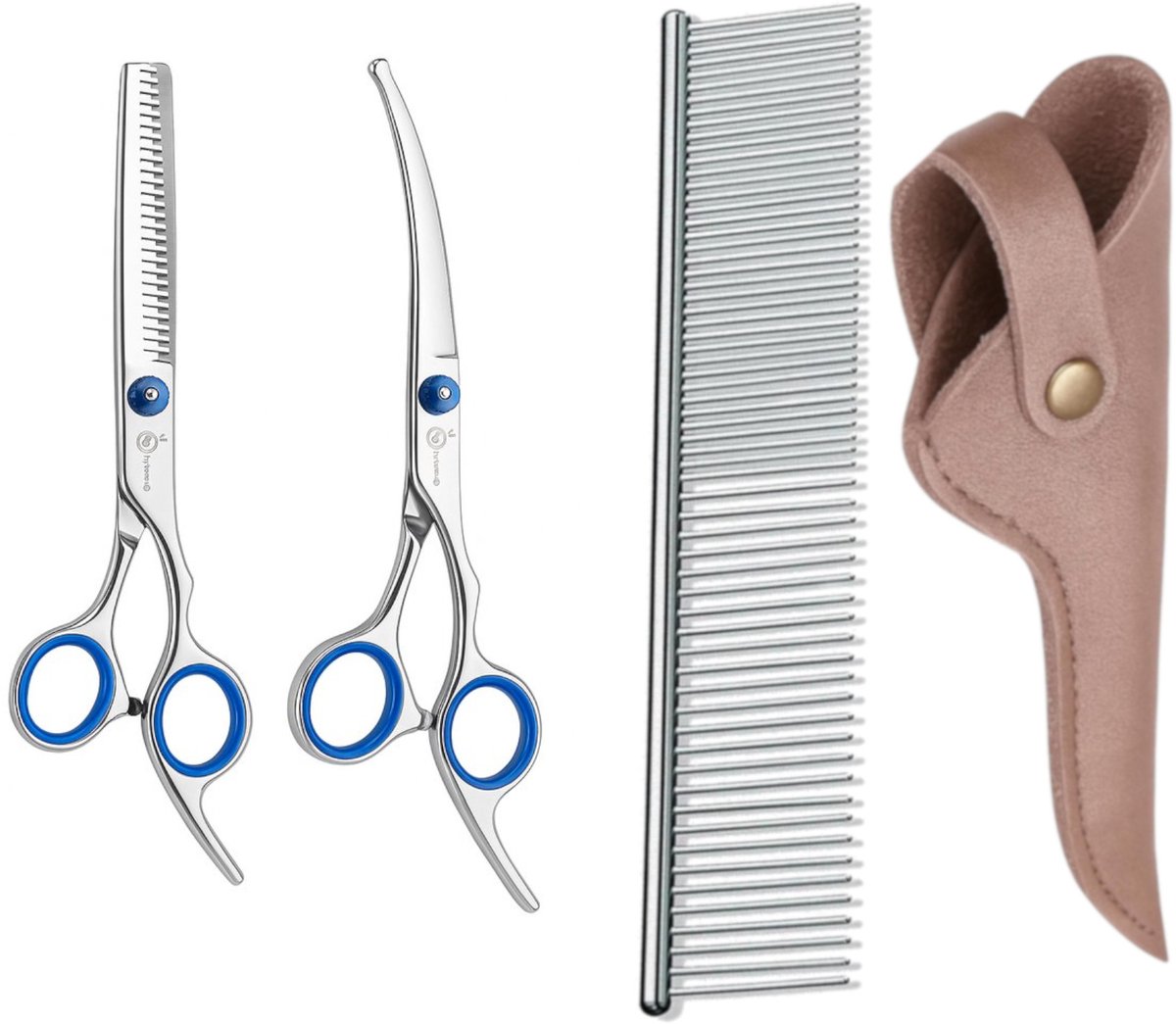 Professor Q Hondentrimset – met brons etui – anti-klitkam – uitdun- en gebogen schaar – zilver/blauw