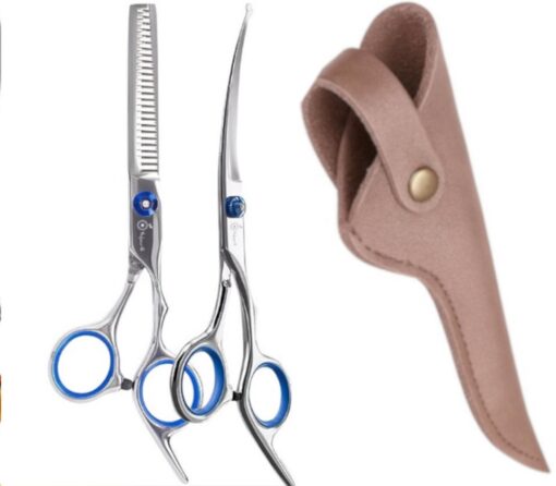 Professor Q Hondentrimset – met brons etui – uitdun- en omhoog gebogen schaar – zilver/blauw