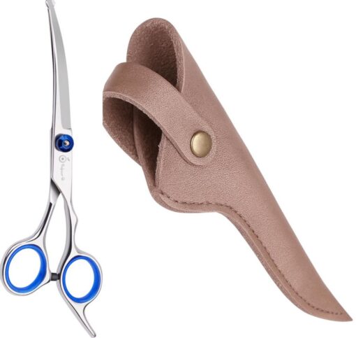 Professor Q Gebogen trimschaar voor honden – met brons etui – linkshandig – blauw