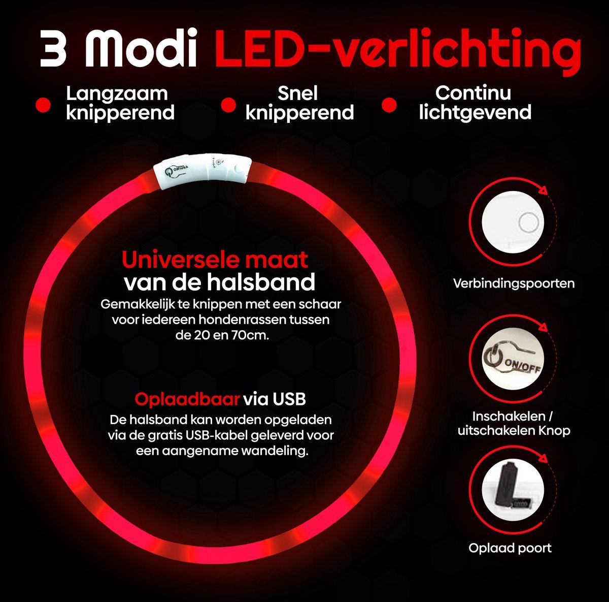 Professor Q LED-halsband voor honden – M – 100 poepzakjes – rood