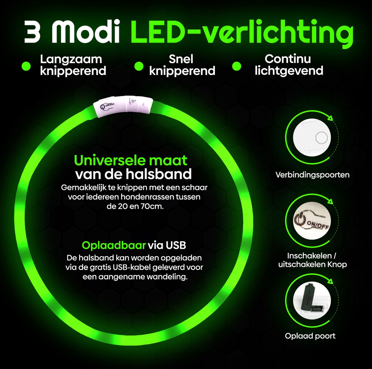 Drie lichtstanden en USB-aansluiting van een groene Professor Q LED-halsband