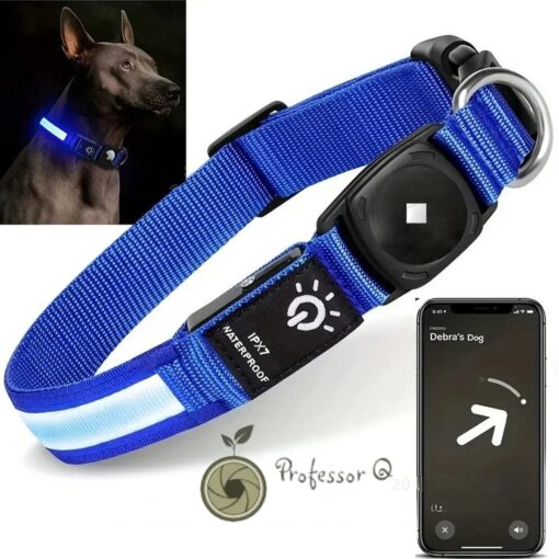 Professor Q NightGlow Reflect LED-halsband – AirTag-houder, zonder AirTag – M – 33–45 cm – blauw