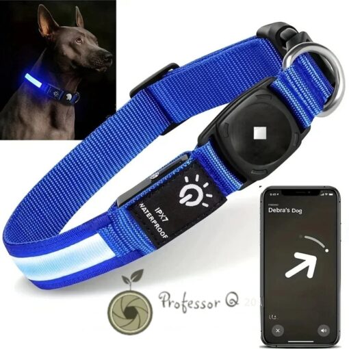 Professor Q NightGlow Reflect LED-halsband – AirTag-houder, zonder AirTag – S – 30–39 cm – blauw