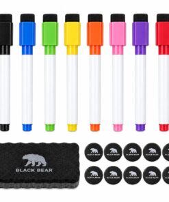 BlackBear Whiteboard accessoires set – 8 stiften in 8 kleuren – 10 zwarte magneten – wisser zwart – 19-delig