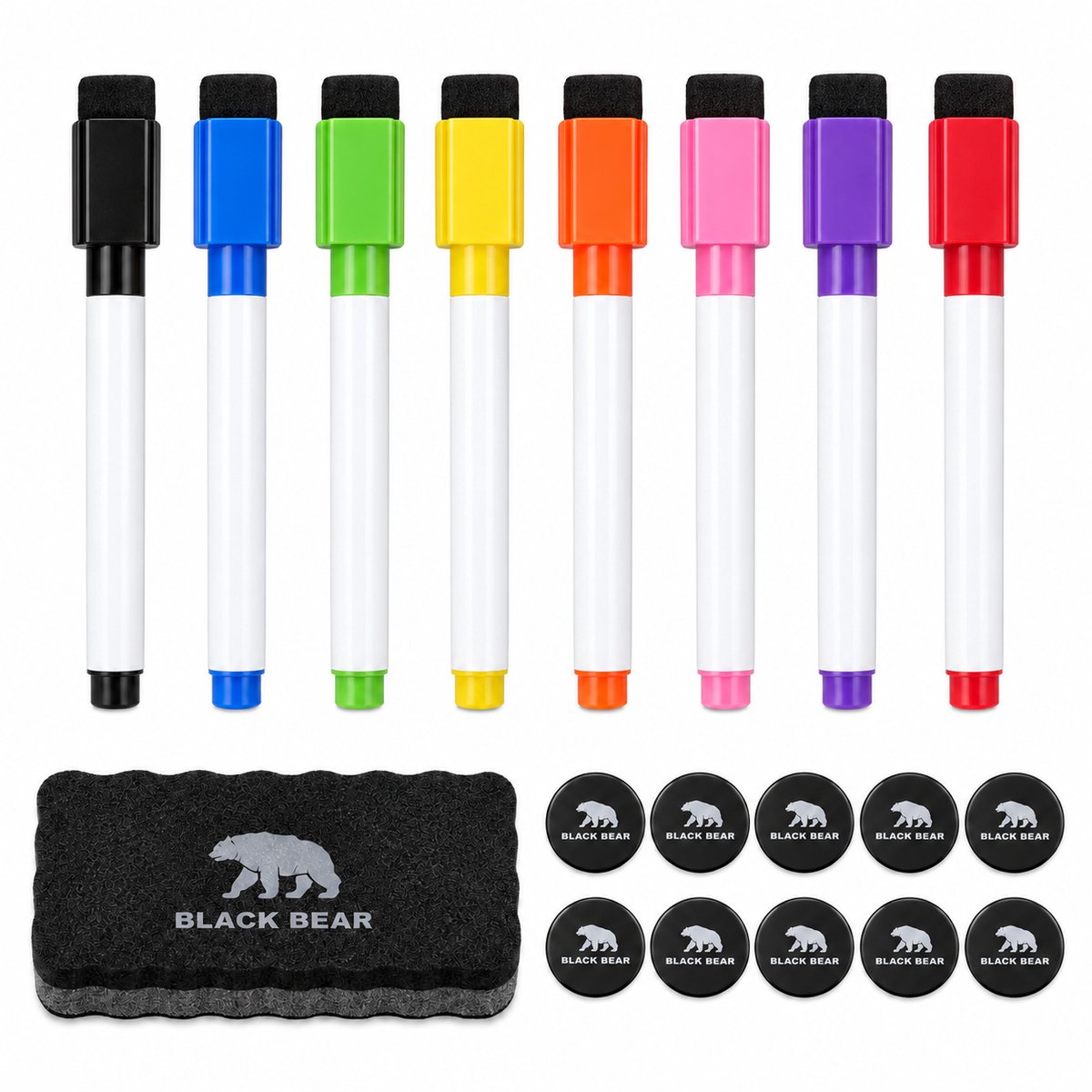 BlackBear Whiteboard accessoires set – 8 stiften in 8 kleuren – 10 zwarte magneten – wisser zwart – 19-delig