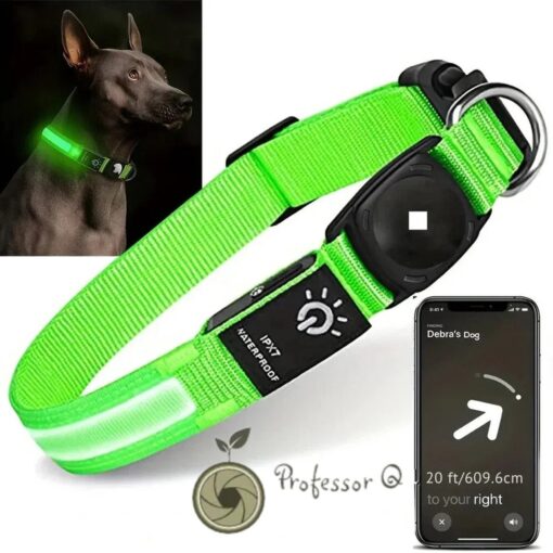 Professor Q NightGlow Reflect LED-halsband – AirTag-houder, zonder AirTag – L – 39–55 cm – groen