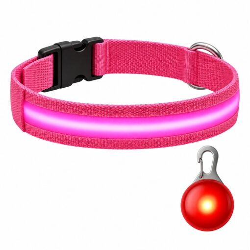 Professor Q Nylon LED-halsband voor honden – met led lampje rood – XL – 42–56 cm – roze