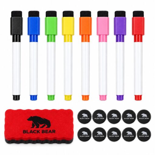 BlackBear Whiteboard accessoires set – 8 stiften in 8 kleuren – 10 zwarte magneten – wisser rood – 19-delig