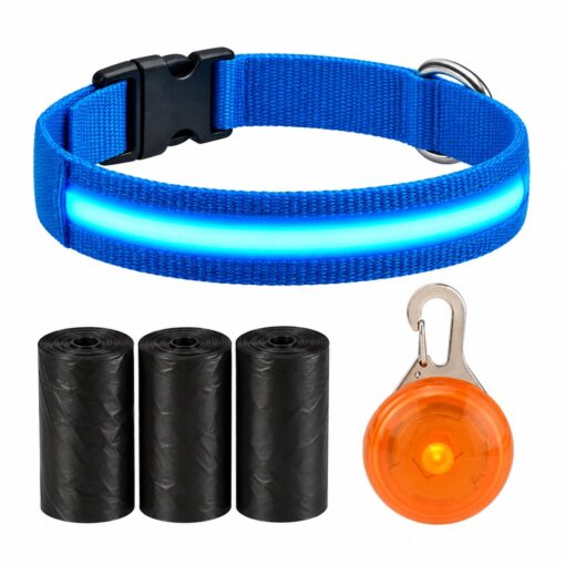 Professor Q Nylon LED-halsband voor honden – met lampje oranje – S – 45 poepzakjes – 34–41 cm – blauw/oranje