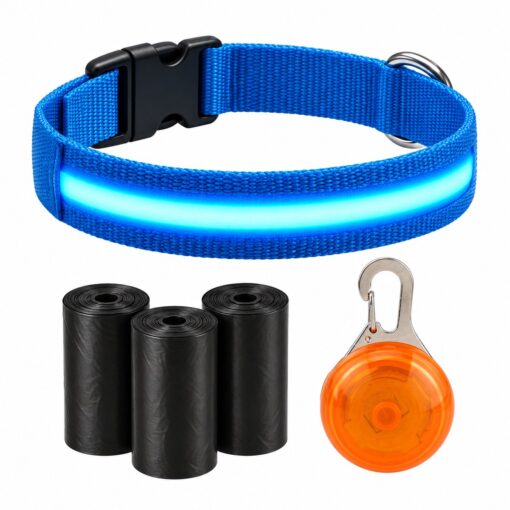 Professor Q Nylon LED-halsband voor honden – met lampje oranje – M – 45 poepzakjes – 37–46 cm – blauw/oranje