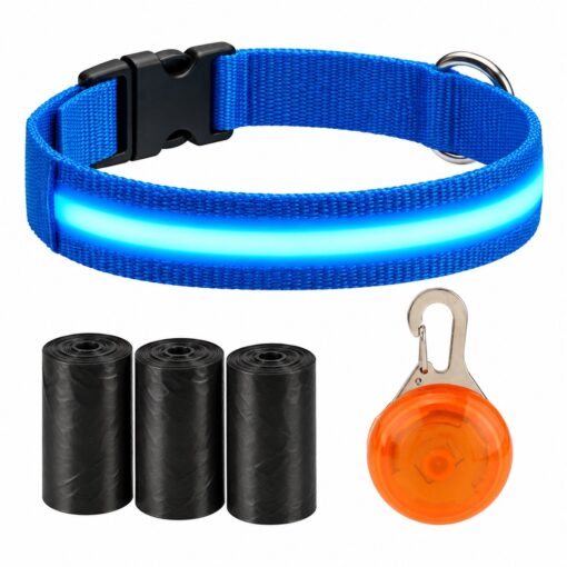 Professor Q Nylon LED-halsband voor honden – met lampje oranje – L – 45 poepzakjes – 41–52 cm – blauw/oranje