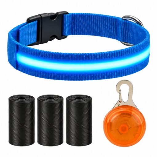 Professor Q Nylon LED-halsband voor honden – met lampje oranje – XL – 45 poepzakjes – 42–56 cm – blauw/oranje