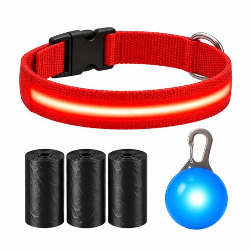 Professor Q Nylon LED-halsband voor honden – met lampje blauw – XS – 45 poepzakjes – 28–32 cm – rood/blauw