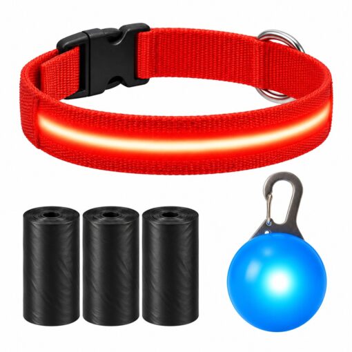 Professor Q Nylon LED-halsband voor honden – met lampje blauw – S – 45 poepzakjes – 34–41 cm – rood/blauw