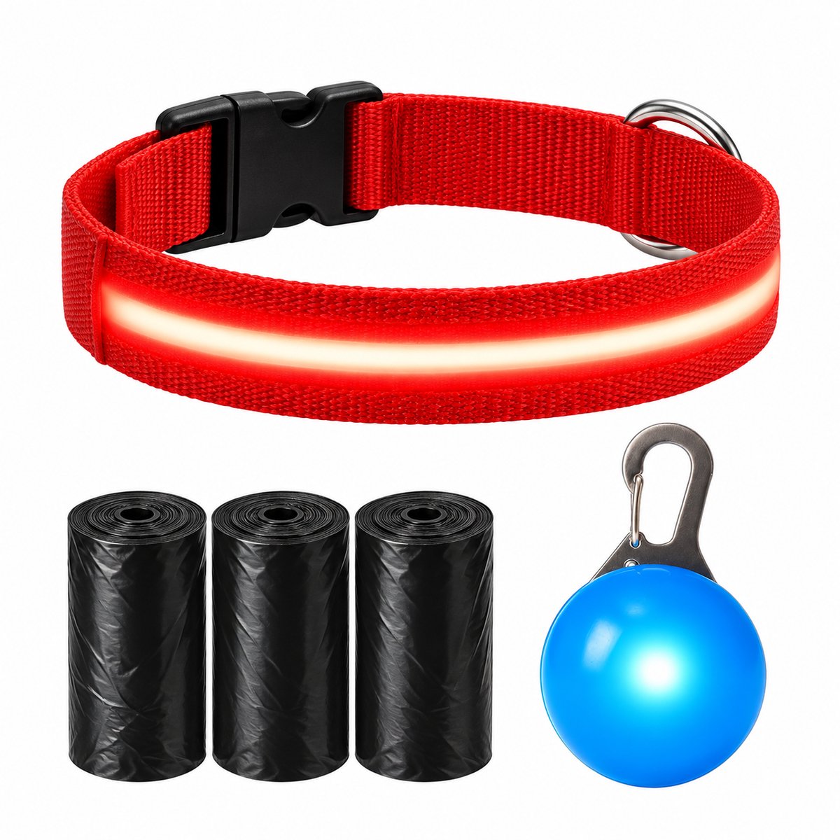 Professor Q Nylon LED-halsband voor honden – met lampje blauw – M – 45 poepzakjes – 37–46 cm – rood/blauw