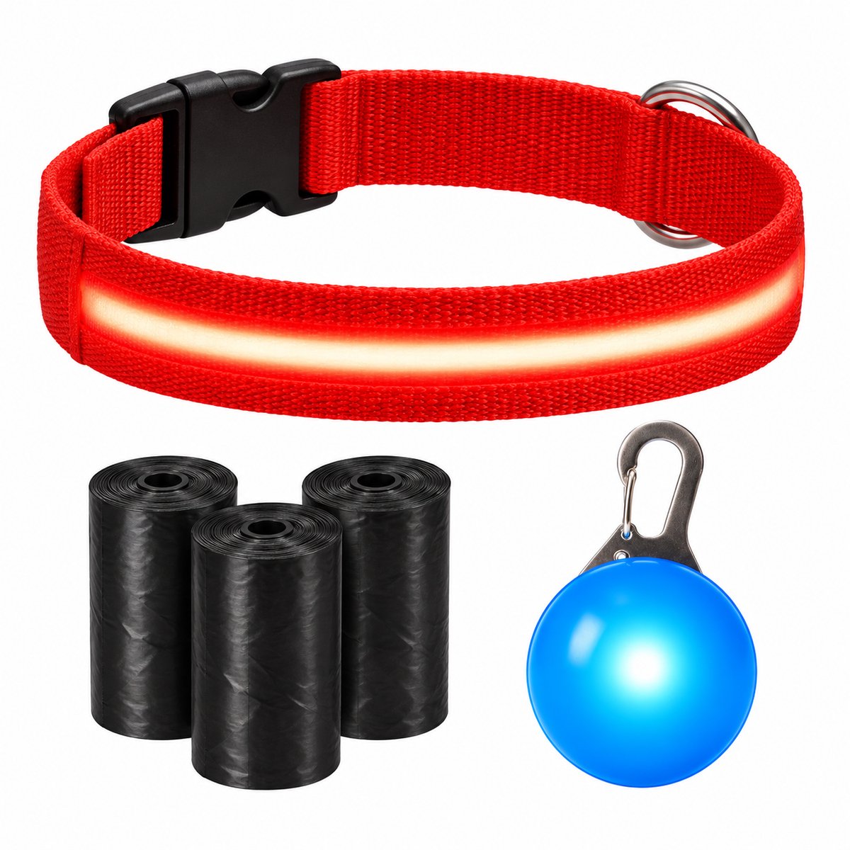 Professor Q Nylon LED-halsband voor honden – met lampje blauw – L – 45 poepzakjes – 41–52 cm – rood/blauw