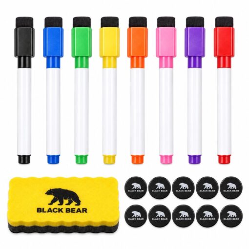 BlackBear Whiteboard accessoires set – 8 stiften in 8 kleuren – 10 zwarte magneten – wisser geel – 19-delig