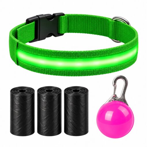 Professor Q Nylon LED-halsband voor honden – met lampje roze – M – 45 poepzakjes – 37–46 cm – groen/roze