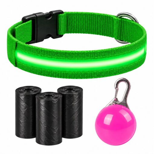 Professor Q Nylon LED-halsband voor honden – met lampje roze – L – 45 poepzakjes – 41–52 cm – groen/roze