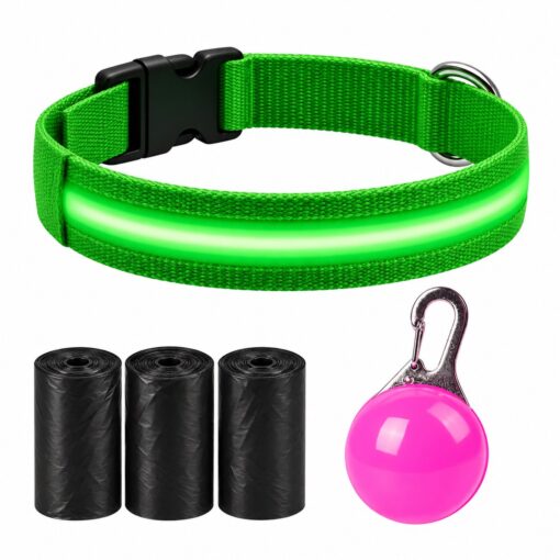 Professor Q Nylon LED-halsband voor honden – met lampje roze – XL – 45 poepzakjes – 42–56 cm – groen/roze