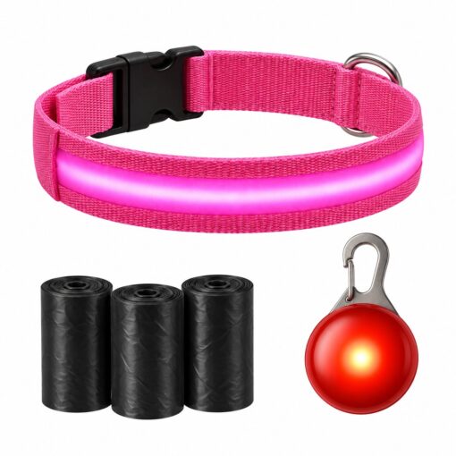Professor Q Nylon LED-halsband voor honden – met lampje rood – S – 45 poepzakjes – 34–41 cm – roze/rood