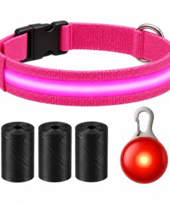 Professor Q Nylon LED-halsband voor honden – met lampje rood – M – 45 poepzakjes – 37–46 cm – roze/rood