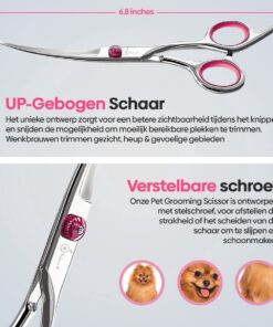 Professor Q Gebogen trimschaar voor honden – met brons etui – rechtshandig – roze