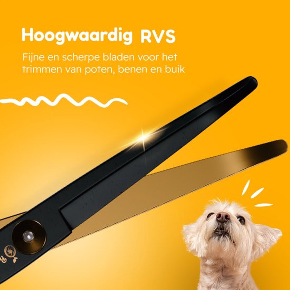 Professor Q Trimschaar voor honden, omlaag gebogen – met brons etui – anti-klitkam – goud/zwart