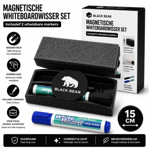 BlackBear Whiteboardwisser met 2 markers – zwart