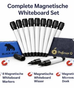 BlackBear Whiteboard accessoires set – 8 markers – wisser en microvezeldoek – stiften zwart, wisser blauw