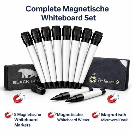BlackBear Whiteboard accessoires set – 8 markers – wisser en microvezeldoek – zwart