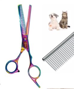 Professor Q Effileerschaar voor honden – met brons etui – anti-klitkam – rechtshandig – regenboog