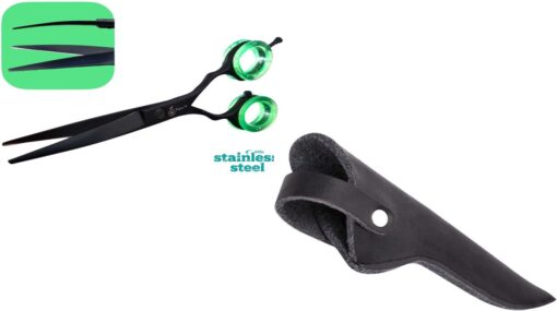 Professor Q Gebogen trimschaar voor honden – met etui – met hoes – 16,5 cm – zwart/groen