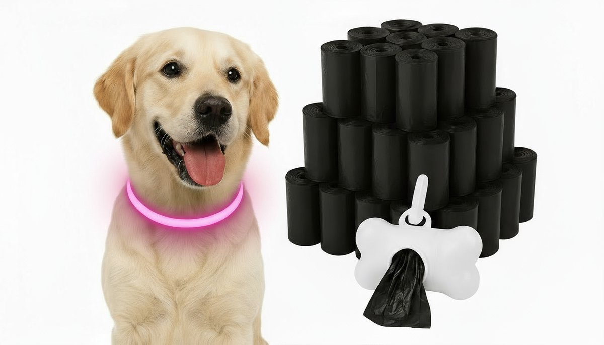 Professor Q LED-halsband voor honden – XL – 100 poepzakjes – roze