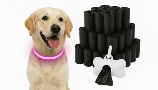Professor Q LED-halsband voor honden – S – 100 poepzakjes – roze