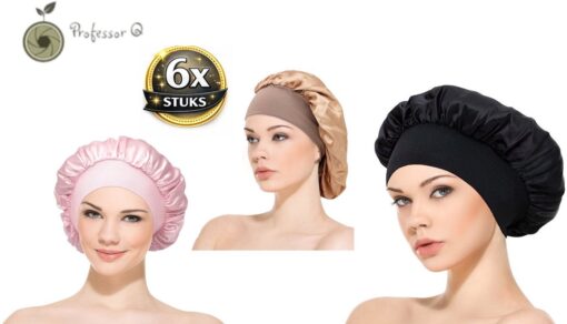 Professor Q Satijnen bonnet slaapmuts – zwart/goud/roze – 3 stuks