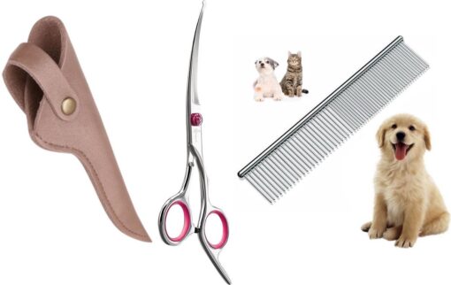 Professor Q Gebogen trimschaar voor honden – met brons etui – anti-klitkam – rechtshandig – roze