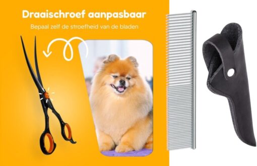 Professor Q Gebogen trimschaar voor honden – met zwart etui – anti-klitkam – oranje/zwart
