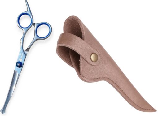 Professor Q Gebogen trimschaar voor honden – met brons etui – rechtshandig – blauw