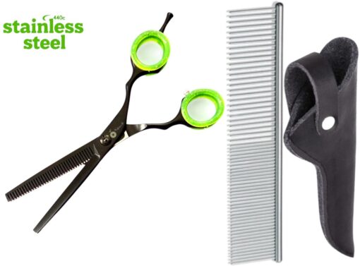 Professor Q Effileerschaar voor honden – met etui – anti-klitkam – 16,5 cm – zwart/groen