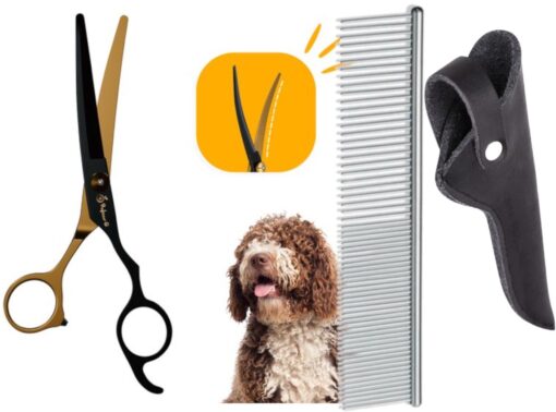 Professor Q Trimschaar voor honden, omhoog gebogen – met zwart etui – anti-klitkam – zwart/goud