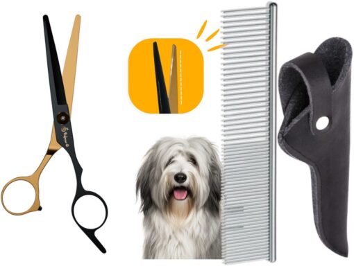 Professor Q Contourschaar voor honden – met zwart etui – anti-klitkam – zwart/goud