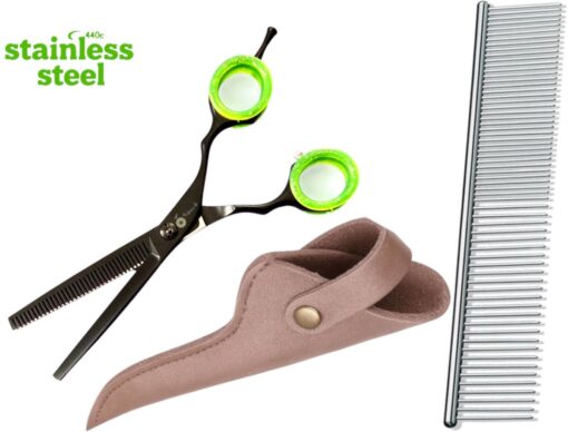 Professor Q Effileerschaar – met brons etui – anti-klitkam – 16,5 cm – zwart/groen